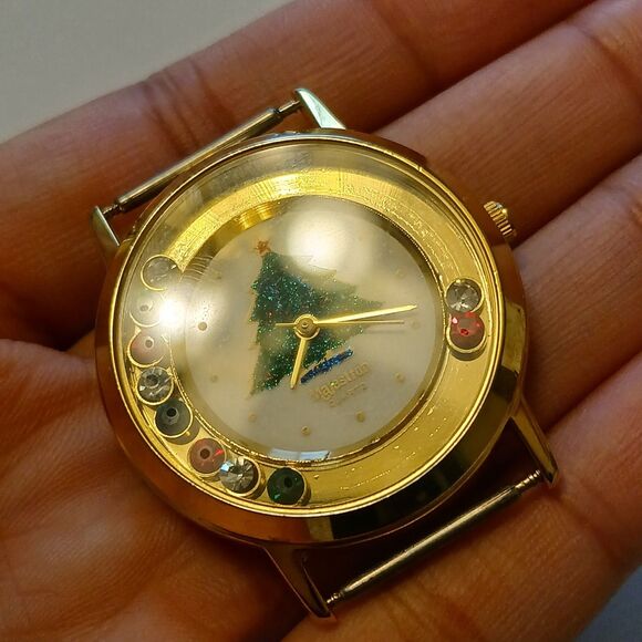 Vtg Majestron Women's Moving Rhinestone Bezel Quartz Watch Case Xmas Theme - Picture 3 of 11